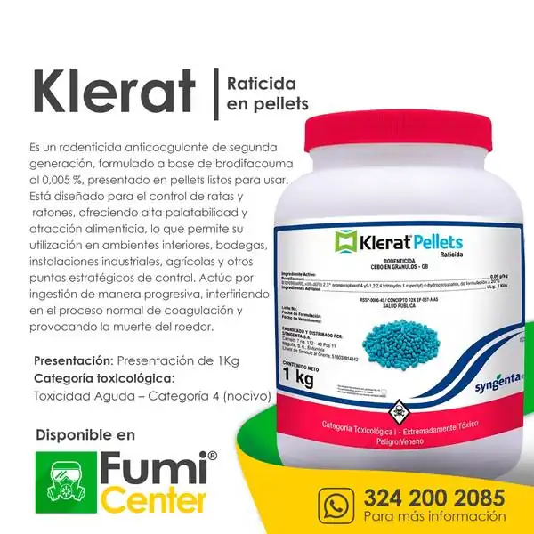 Klerat pellets — Rodenticida Syngenta · 1 kg Klerat pellets — Rodenticida Syngenta · 1 kg — ficha de producto disponible en FumiCenter, distribuidora de insecticidas en Colombia