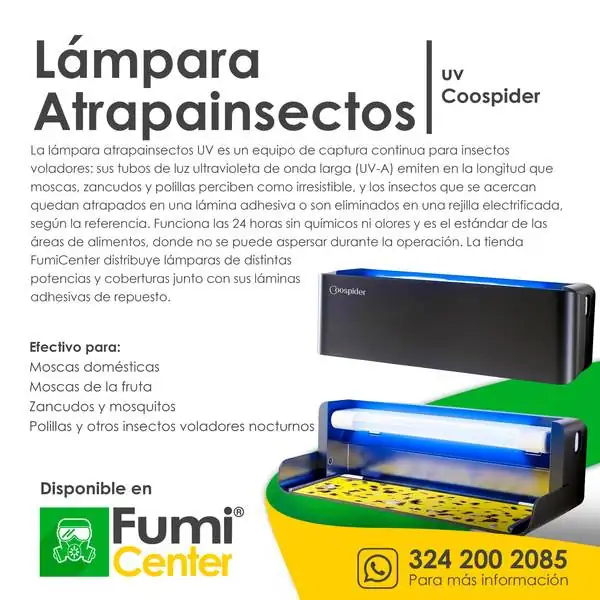 Lámpara atrapainsectos UV Coospider — Captura de insectos voladores Lámpara atrapainsectos UV Coospider — Captura de insectos voladores — ficha de producto disponible en FumiCenter, distribuidora de insecticidas en Colombia