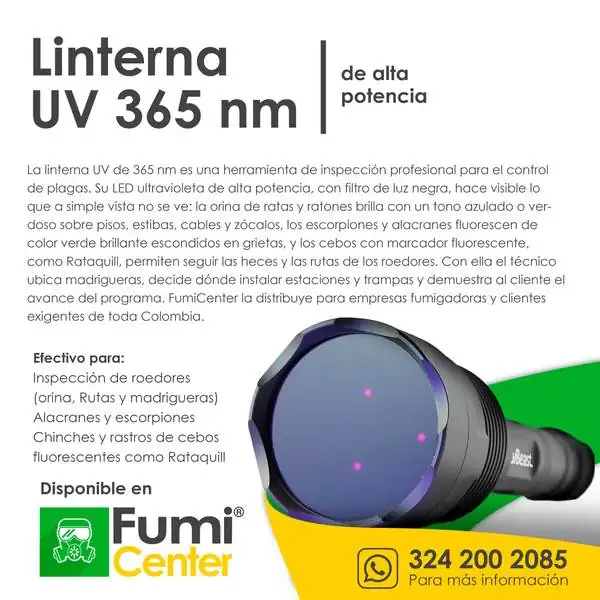 Linterna UV 365 nm — Inspección de alta potencia Linterna UV 365 nm — Inspección de alta potencia — ficha de producto disponible en FumiCenter, distribuidora de insecticidas en Colombia