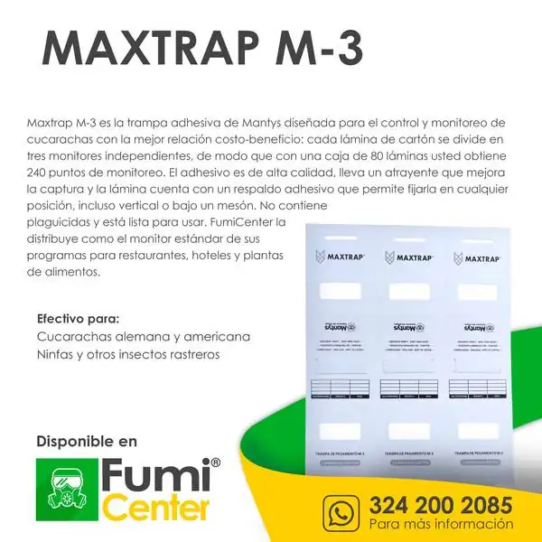 MAXTRAP M-3 — Trampa adhesiva Mantys MAXTRAP M-3 — Trampa adhesiva Mantys — ficha de producto disponible en FumiCenter, distribuidora de insecticidas en Colombia