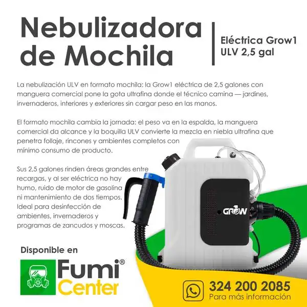 Nebulizadora de mochila eléctrica Grow1 ULV — 2,5 galones Nebulizadora de mochila eléctrica Grow1 ULV — 2,5 galones — ficha de producto disponible en FumiCenter, distribuidora de insecticidas en Colombia