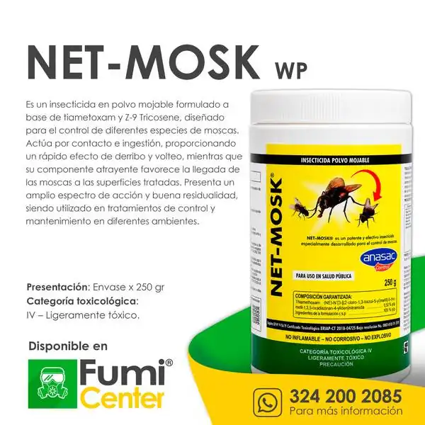 Net-Mosk WP — Insecticida para moscas Anasac Control · 250 g Net-Mosk WP — Insecticida para moscas Anasac Control · 250 g — ficha de producto disponible en FumiCenter, distribuidora de insecticidas en Colombia