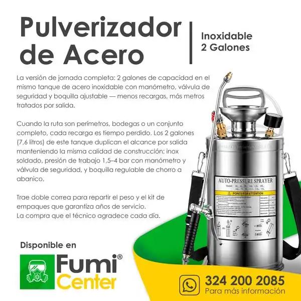 Pulverizador de acero inoxidable — 2 galones Pulverizador de acero inoxidable — 2 galones — ficha de producto disponible en FumiCenter, distribuidora de insecticidas en Colombia
