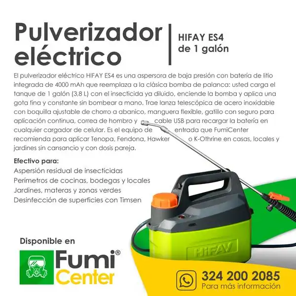 Pulverizador eléctrico HIFAY ES4 — 1 galón Pulverizador eléctrico HIFAY ES4 — 1 galón — ficha de producto disponible en FumiCenter, distribuidora de insecticidas en Colombia