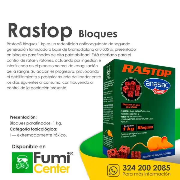 Rastop bloques — Rodenticida Anasac Control · 1 kg Rastop bloques — Rodenticida Anasac Control · 1 kg — ficha de producto disponible en FumiCenter, distribuidora de insecticidas en Colombia