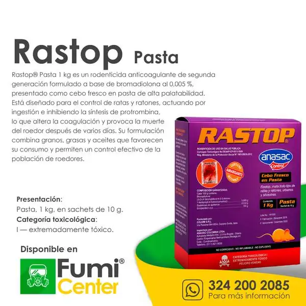 Rastop pasta — Rodenticida Anasac Control · 1 kg en sachets Rastop pasta — Rodenticida Anasac Control · 1 kg en sachets — ficha de producto disponible en FumiCenter, distribuidora de insecticidas en Colombia
