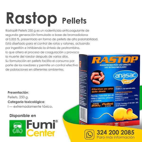 Rastop pellets — Rodenticida Anasac Control · pellets Rastop pellets — Rodenticida Anasac Control · pellets — ficha de producto disponible en FumiCenter, distribuidora de insecticidas en Colombia