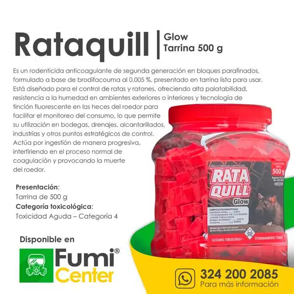 Rataquill Glow — Rodenticida Minagro · tarrina de 500 g Rataquill Glow — Rodenticida Minagro · tarrina de 500 g — ficha de producto disponible en FumiCenter, distribuidora de insecticidas en Colombia