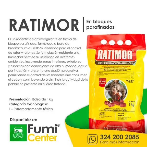 Ratimor bloques parafinados — Rodenticida Unichem · bolsa de 1 kg Ratimor bloques parafinados — Rodenticida Unichem · bolsa de 1 kg — ficha de producto disponible en FumiCenter, distribuidora de insecticidas en Colombia