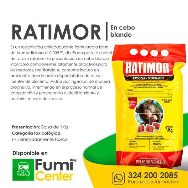 Ratimor cebo blando — Rodenticida Unichem · bolsa de 1 kg Ratimor cebo blando — Rodenticida Unichem · bolsa de 1 kg — ficha de producto disponible en FumiCenter, distribuidora de insecticidas en Colombia