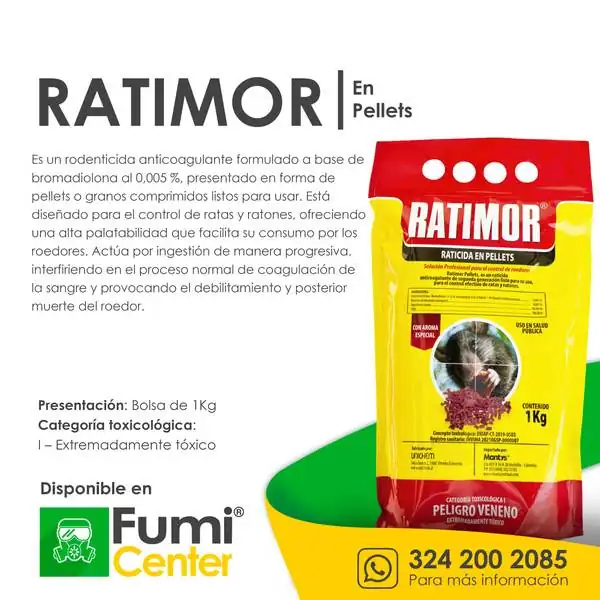 Ratimor pellets — Rodenticida Unichem · bolsa de 1 kg Ratimor pellets — Rodenticida Unichem · bolsa de 1 kg — ficha de producto disponible en FumiCenter, distribuidora de insecticidas en Colombia