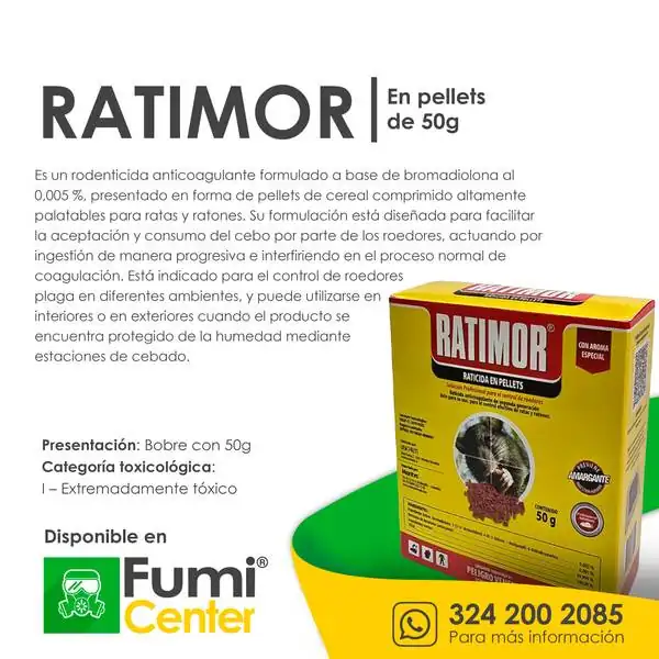 Ratimor pellets 50 g — Rodenticida Unichem · sobre de 50 g Ratimor pellets 50 g — Rodenticida Unichem · sobre de 50 g — ficha de producto disponible en FumiCenter, distribuidora de insecticidas en Colombia