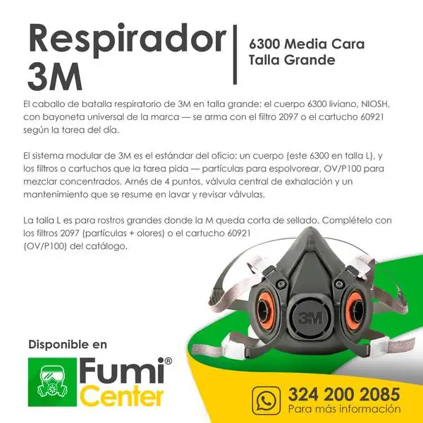 Respirador 3M 6300 media cara — Talla grande Respirador 3M 6300 media cara — Talla grande — ficha de producto disponible en FumiCenter, distribuidora de insecticidas en Colombia
