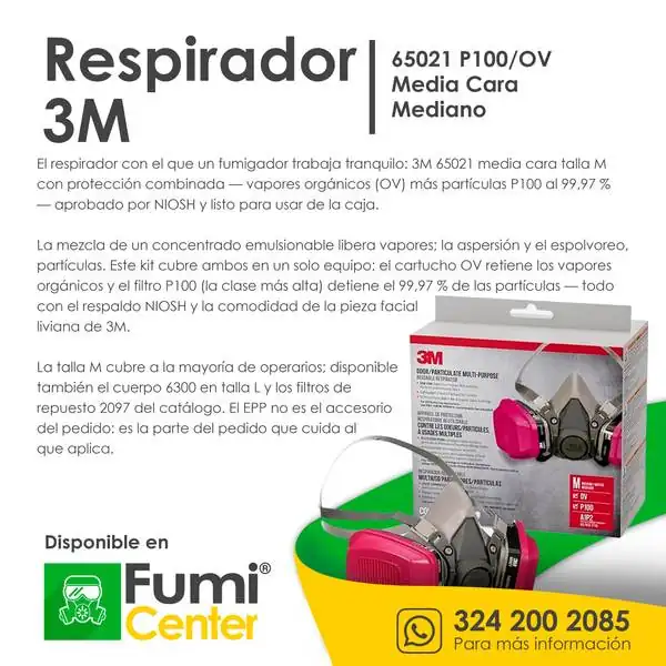 Respirador 3M 65021 P100/OV — Media cara · talla mediana Respirador 3M 65021 P100/OV — Media cara · talla mediana — ficha de producto disponible en FumiCenter, distribuidora de insecticidas en Colombia
