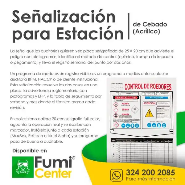 Señalización para estación de cebado — Acrílico 25 × 20 cm Señalización para estación de cebado — Acrílico 25 × 20 cm — ficha de producto disponible en FumiCenter, distribuidora de insecticidas en Colombia