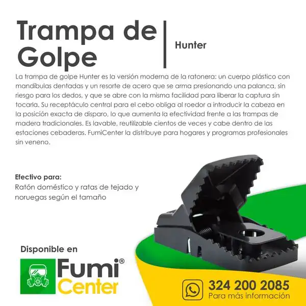 Trampa de golpe Hunter — Trampa para ratas y ratones Trampa de golpe Hunter — Trampa para ratas y ratones — ficha de producto disponible en FumiCenter, distribuidora de insecticidas en Colombia