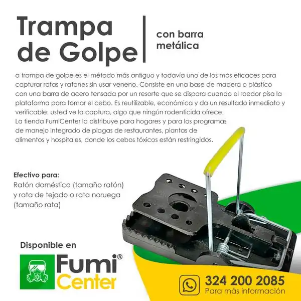 Trampa de golpe con barra metálica — Trampa para ratas y ratones Trampa de golpe con barra metálica — Trampa para ratas y ratones — ficha de producto disponible en FumiCenter, distribuidora de insecticidas en Colombia