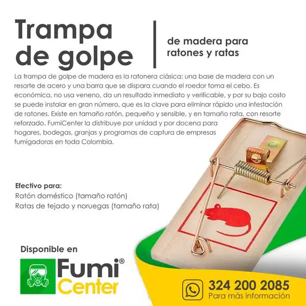 Trampa de golpe de madera — Para ratones y ratas Trampa de golpe de madera — Para ratones y ratas — ficha de producto disponible en FumiCenter, distribuidora de insecticidas en Colombia