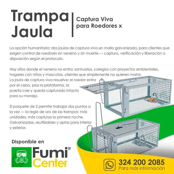 Trampa jaula de captura viva × 2 — Para roedores Trampa jaula de captura viva × 2 — Para roedores — ficha de producto disponible en FumiCenter, distribuidora de insecticidas en Colombia