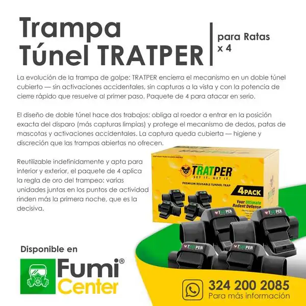 Trampa túnel TRATPER × 4 — Para ratas Trampa túnel TRATPER × 4 — Para ratas — ficha de producto disponible en FumiCenter, distribuidora de insecticidas en Colombia