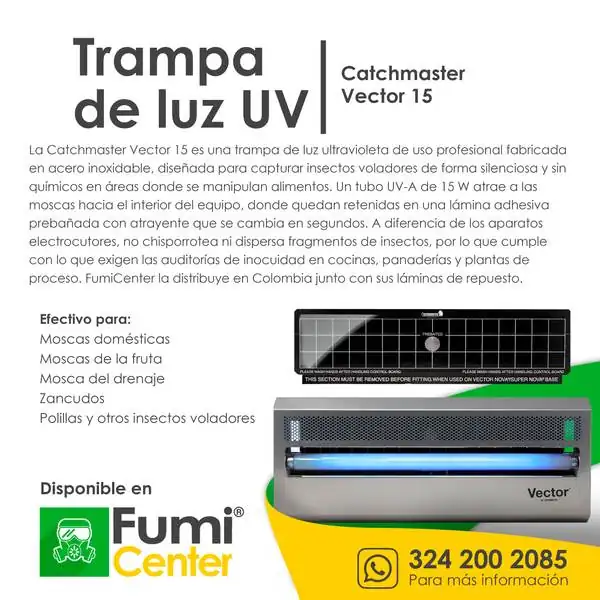 Trampa de luz UV Catchmaster Vector 15 — Captura profesional de moscas Trampa de luz UV Catchmaster Vector 15 — Captura profesional de moscas — ficha de producto disponible en FumiCenter, distribuidora de insecticidas en Colombia