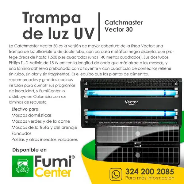Trampa de luz UV Catchmaster Vector 30 — Captura profesional de moscas Trampa de luz UV Catchmaster Vector 30 — Captura profesional de moscas — ficha de producto disponible en FumiCenter, distribuidora de insecticidas en Colombia