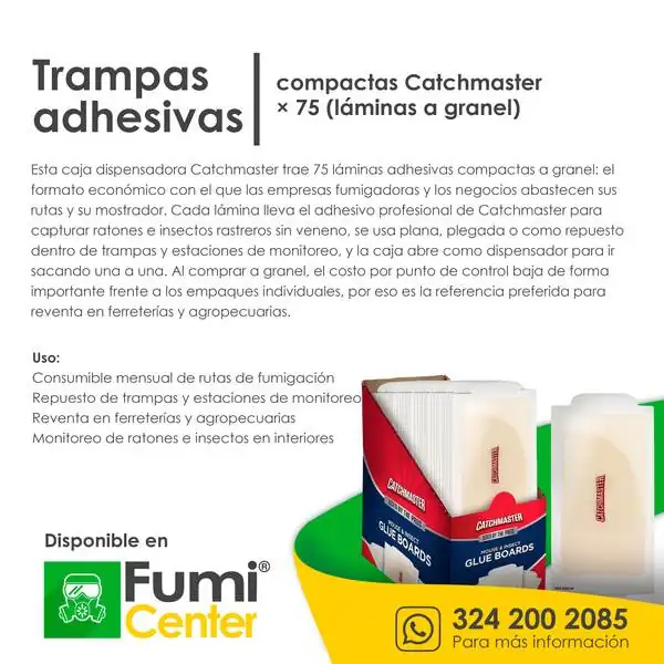 Trampas adhesivas compactas Catchmaster × 75 — Láminas a granel Trampas adhesivas compactas Catchmaster × 75 — Láminas a granel — ficha de producto disponible en FumiCenter, distribuidora de insecticidas en Colombia