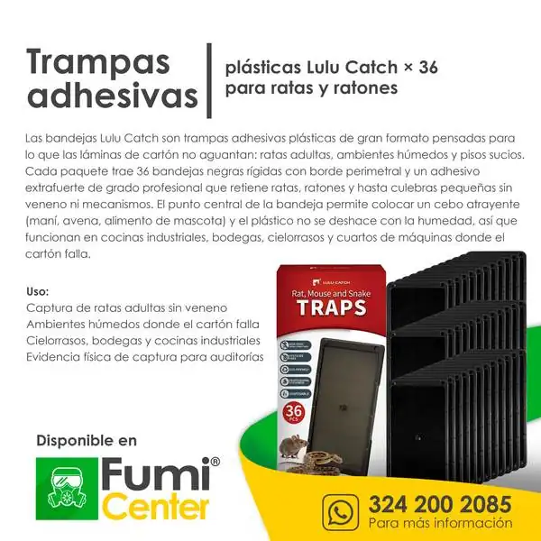 Trampas adhesivas plásticas Lulu Catch × 36 — Para ratas y ratones Trampas adhesivas plásticas Lulu Catch × 36 — Para ratas y ratones — ficha de producto disponible en FumiCenter, distribuidora de insecticidas en Colombia