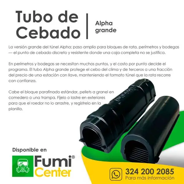 Tubo de cebado Alpha grande — Estación para roedores Tubo de cebado Alpha grande — Estación para roedores — ficha de producto disponible en FumiCenter, distribuidora de insecticidas en Colombia