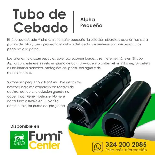 Tubo de cebado Alpha pequeño — Estación para roedores Tubo de cebado Alpha pequeño — Estación para roedores — ficha de producto disponible en FumiCenter, distribuidora de insecticidas en Colombia