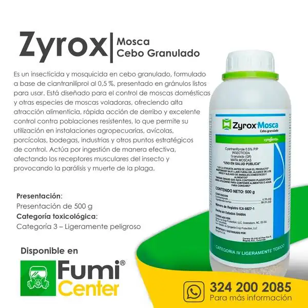 Zyrox® Mosca — Cebo granulado Syngenta · 500 g Zyrox® Mosca — Cebo granulado Syngenta · 500 g — ficha de producto disponible en FumiCenter, distribuidora de insecticidas en Colombia