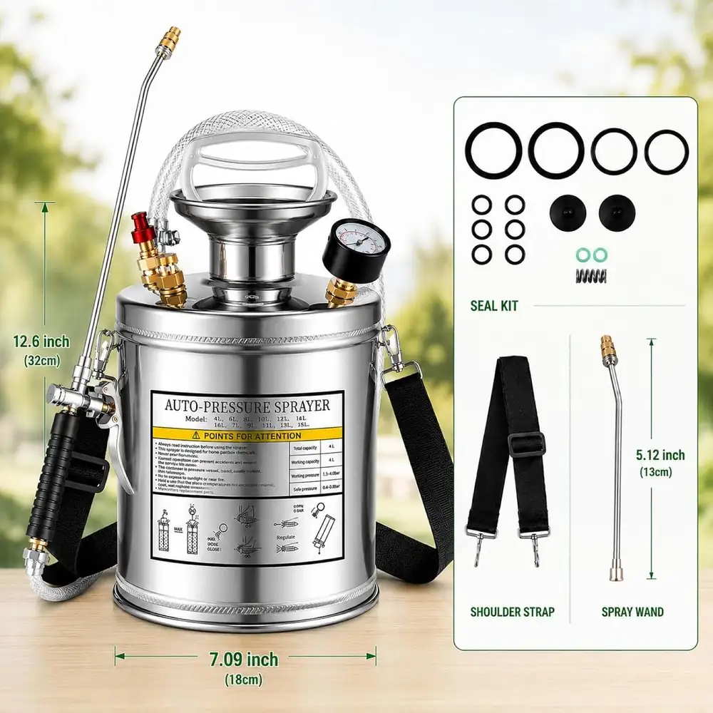 Pulverizador de Acero Inoxidable 1 Galón — pulverizador de presión con bomba manual en acero inoxidable · FumiCenter