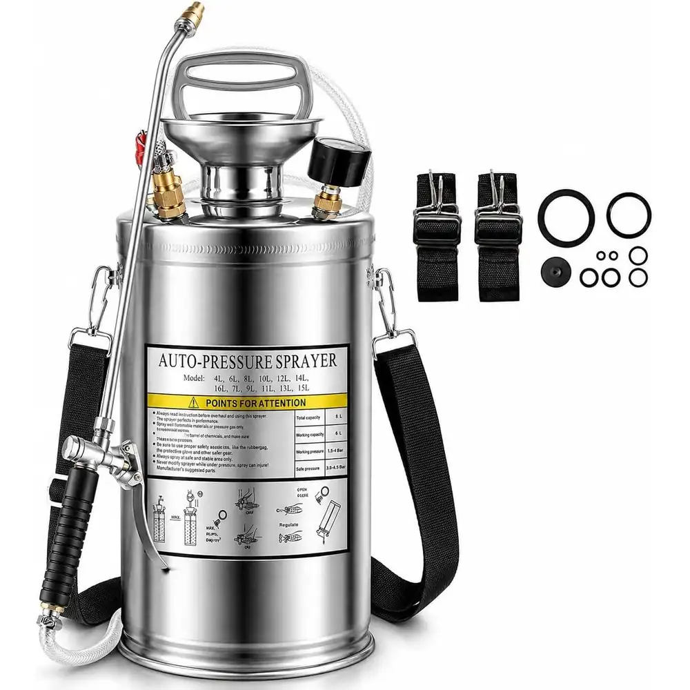 Pulverizador de Acero Inoxidable 2 Galones — pulverizador de presión con bomba manual en acero inoxidable · FumiCenter