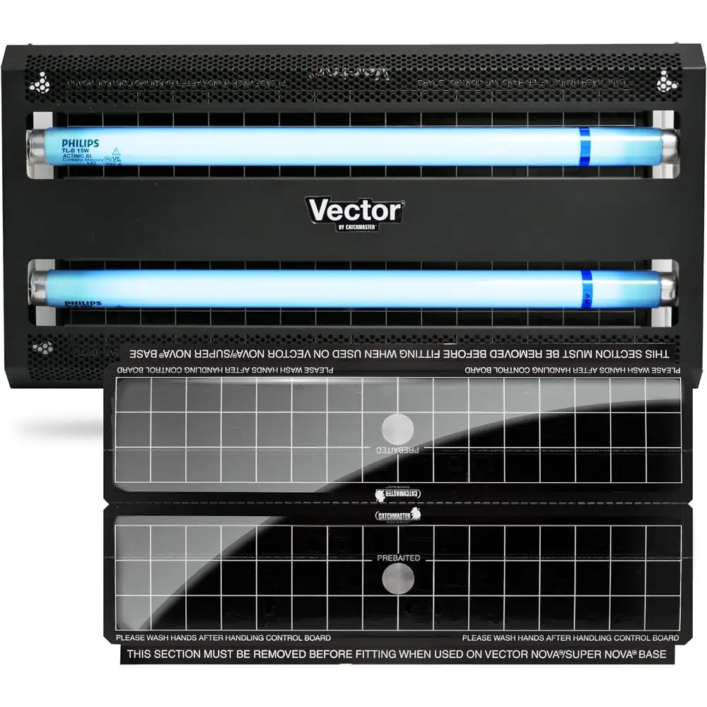 Trampa de luz UV Catchmaster Vector 30 negra — trampa de luz ultravioleta profesional de doble tubo con lámina adhesiva · FumiCenter